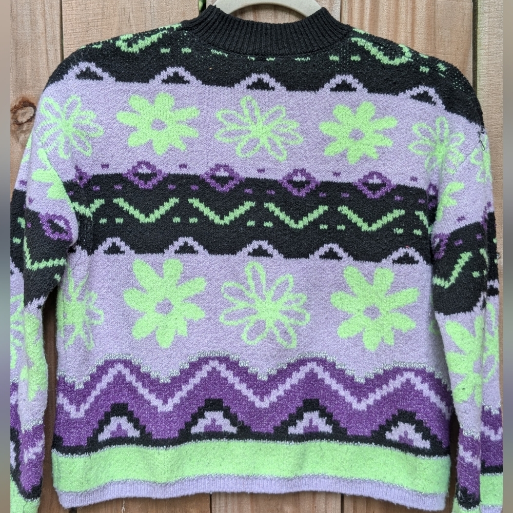 Justice Girls Kids Purple Green Black Retro Floral Fair Isle Patterned Sweater - Picture 7 of 10